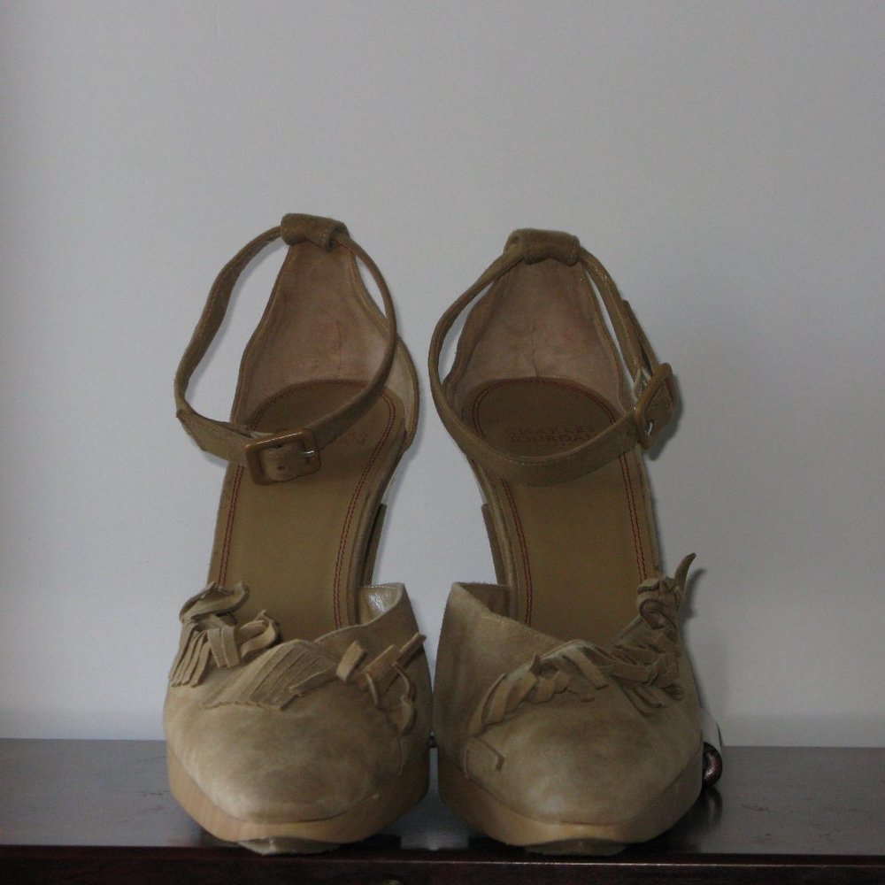 Never Worn Suede Shoes with Partial Wood Decor.